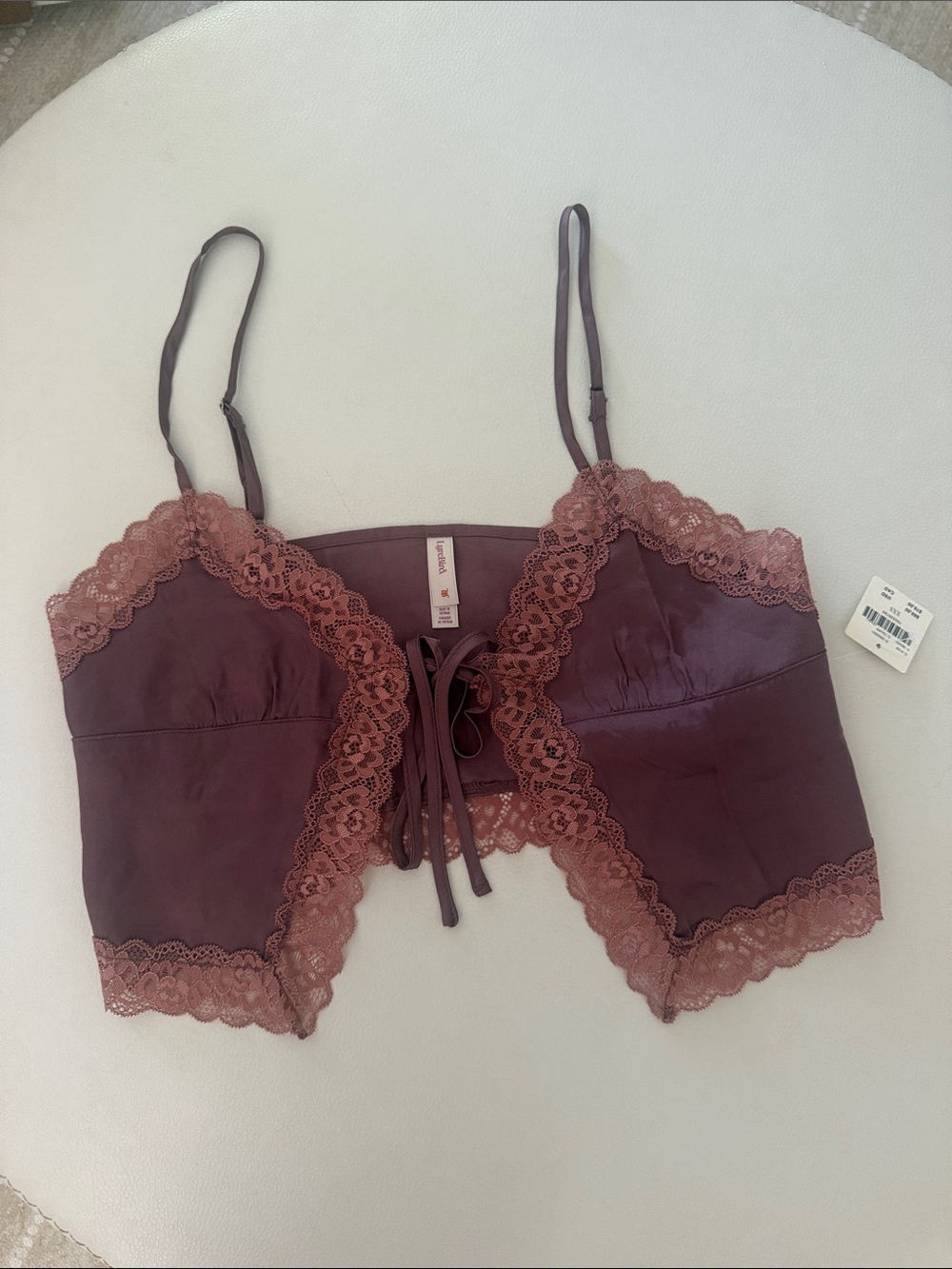 Anthropologie lyrebird  Lace-Trim Satin Bralette Crop Top in Mauve xxs nwt
